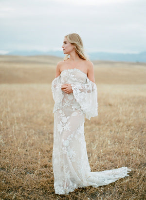 Embellished Off-the-Shoulder Ivory and Nude Gown