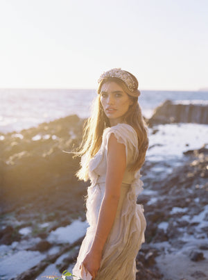 Light Gray Silk Organza Gown V Neck Short Sleeve