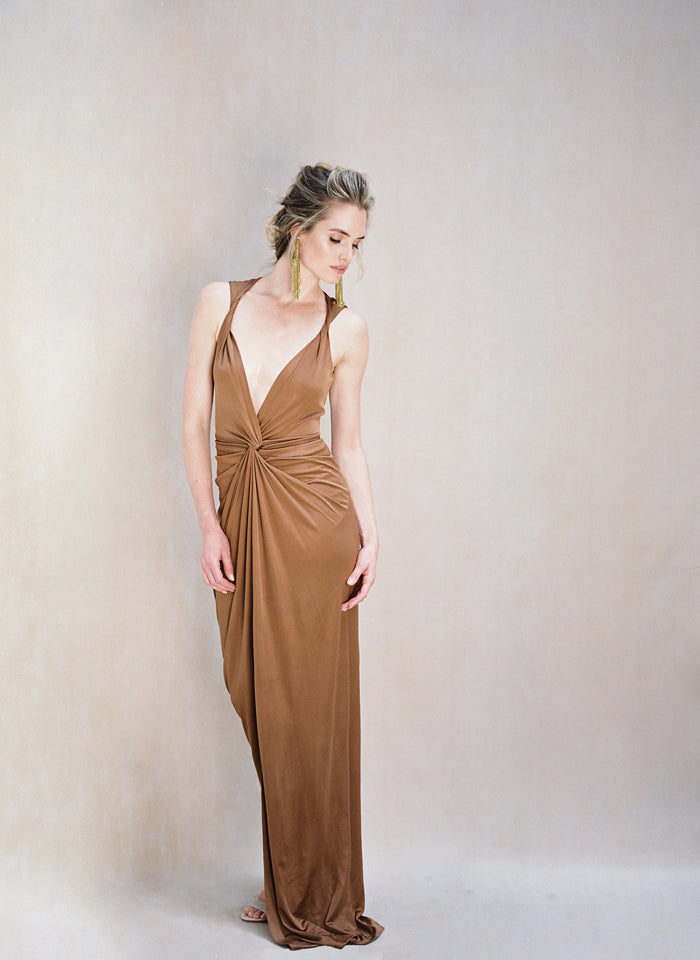 Mocha Silk and Jersey Twisted Gown