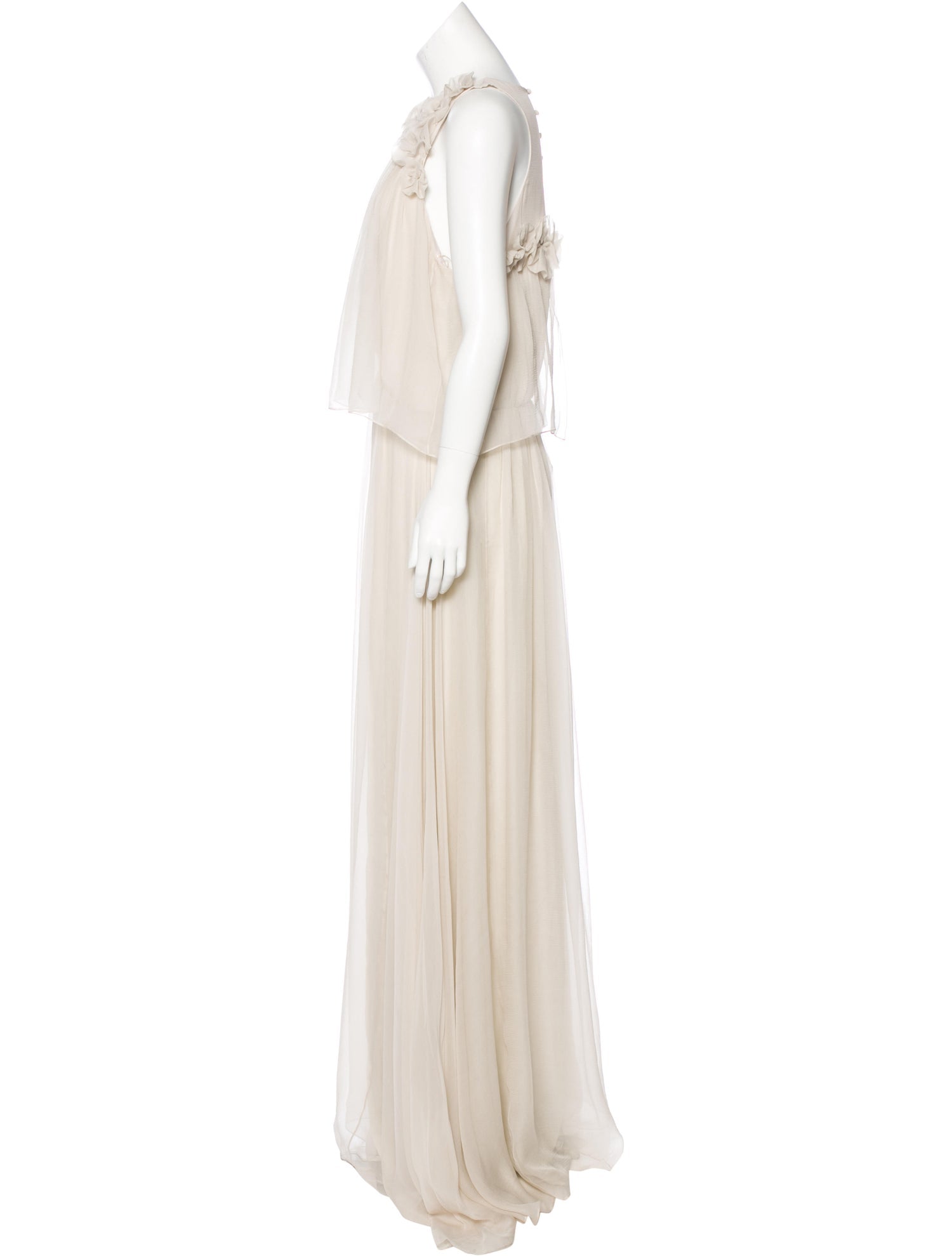 Dove Gray Silk Floral Applique Gown