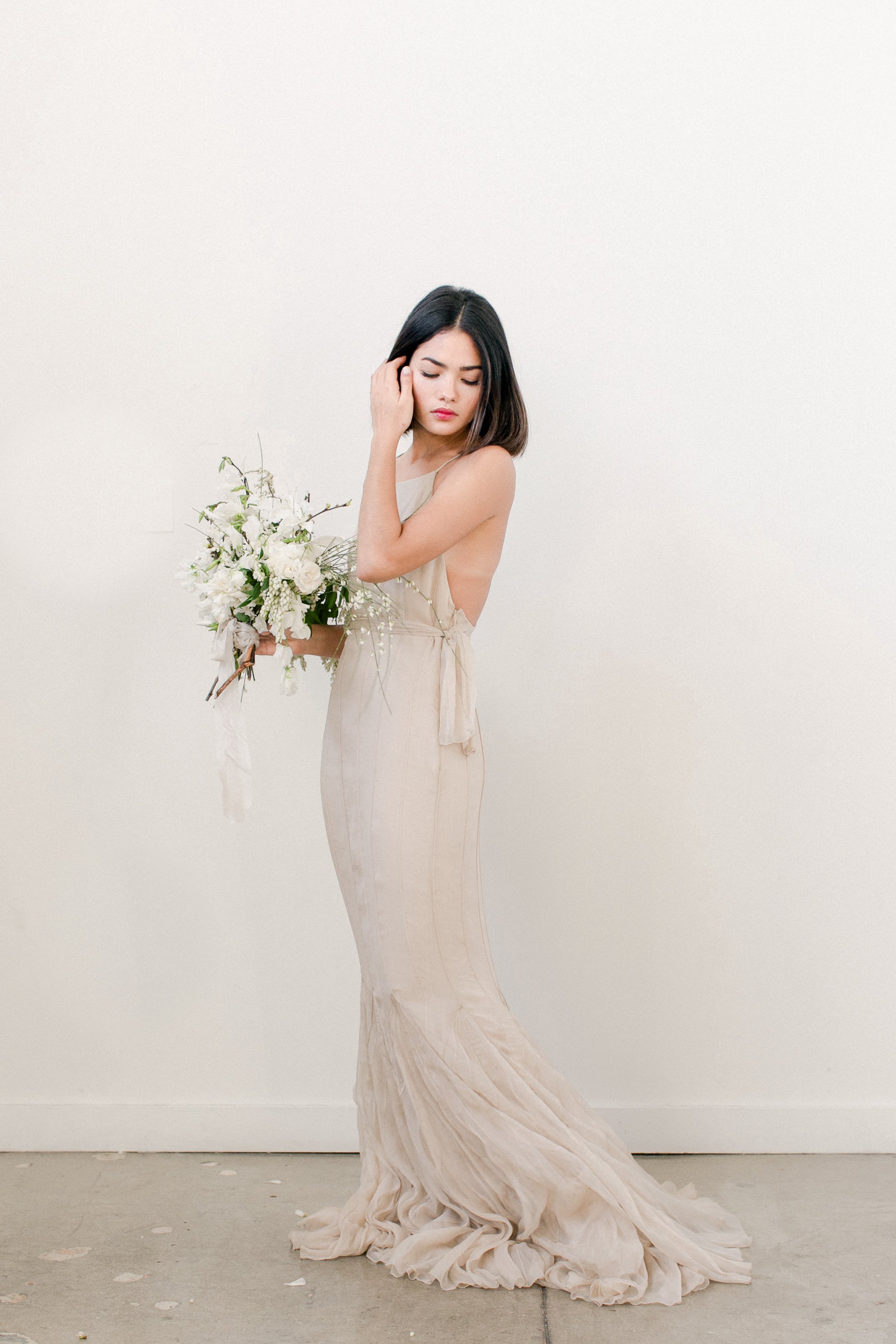 Nude Pin-Tucked Bateau Gown