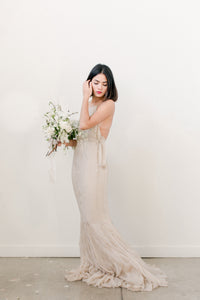 Nude Pin-Tucked Bateau Gown