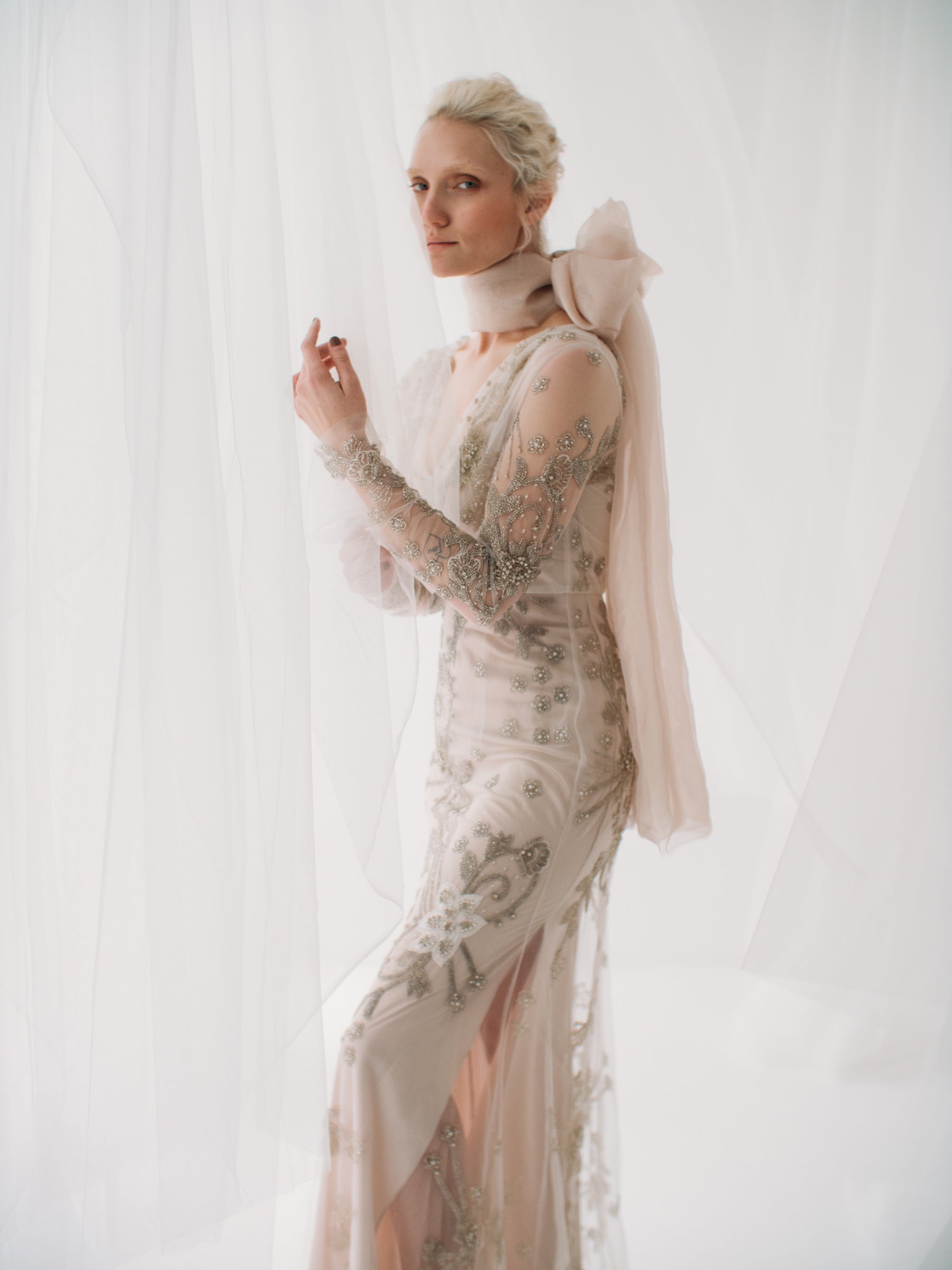 Long Sleeve Crystal Beaded Gown