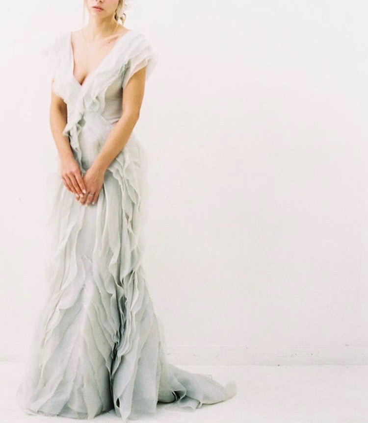 Light Gray Silk Organza Gown V Neck Short Sleeve