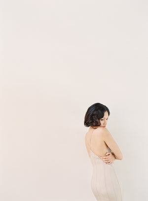 Nude Pin-Tucked Bateau Gown