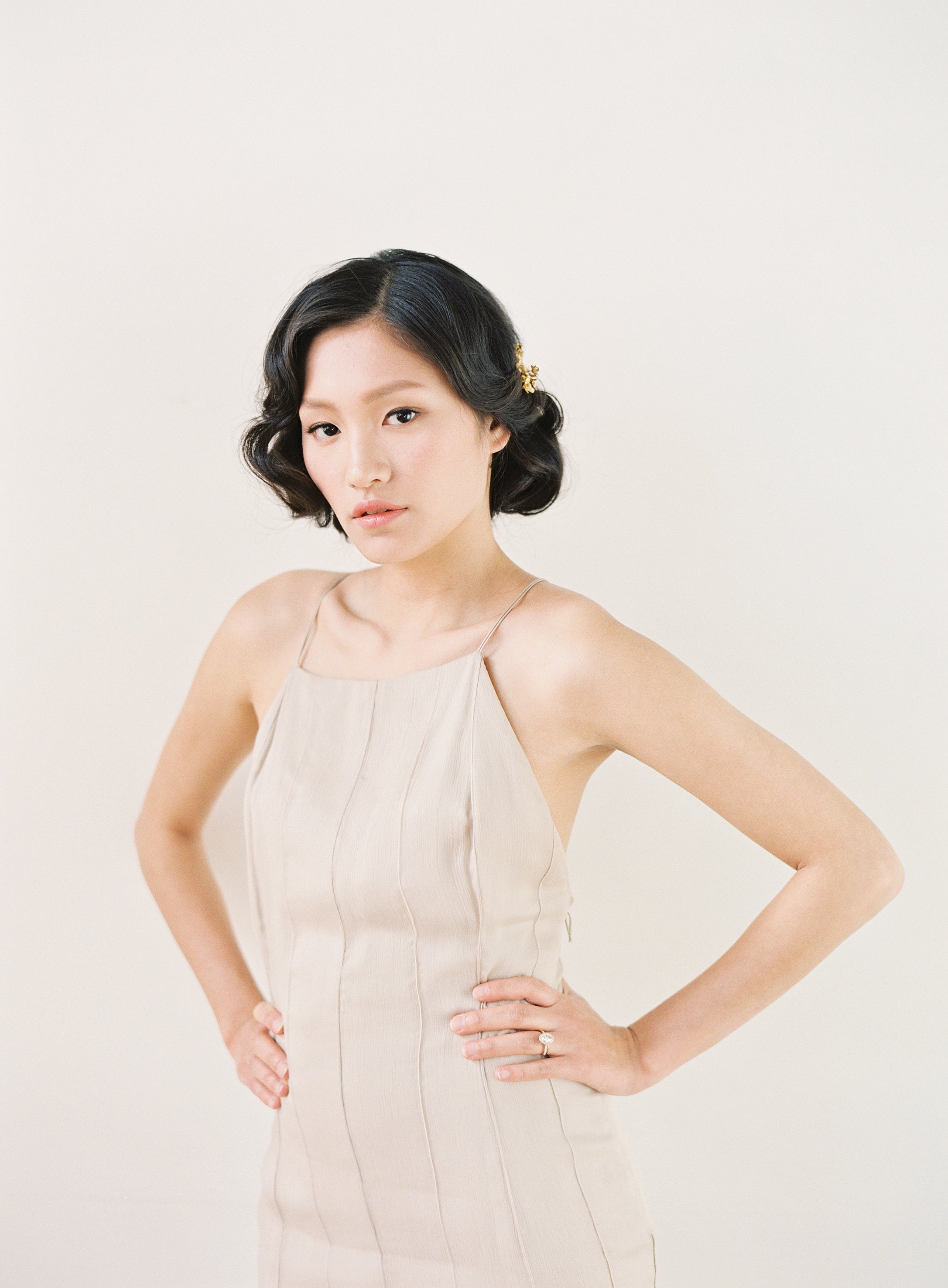 Nude Pin-Tucked Bateau Gown