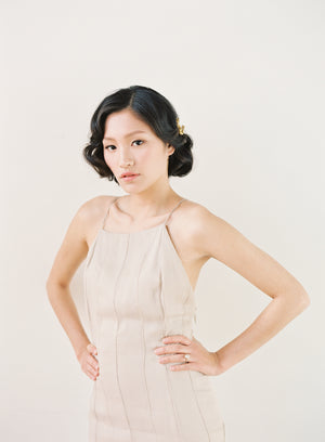 Nude Pin-Tucked Bateau Gown