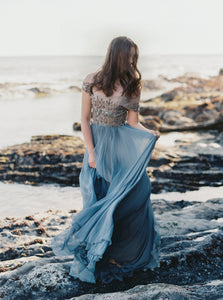 Dusty Blue Silk Embellished Gown EPHEMERL Dusty Blue Silk Embellished Gown EPHEMERL