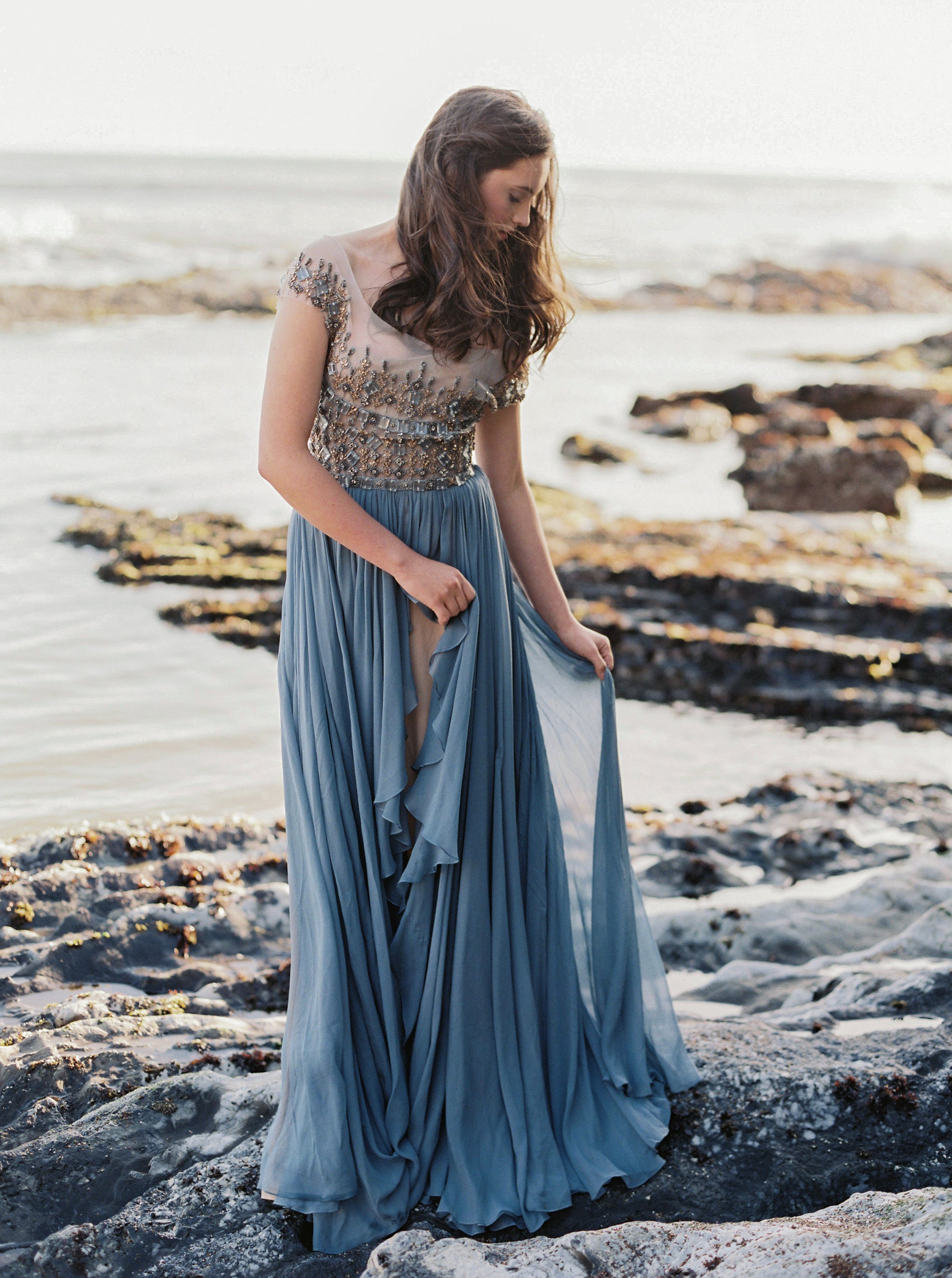 Dusty Blue Silk Embellished Gown EPHEMERL Dusty Blue Silk Embellished Gown EPHEMERL