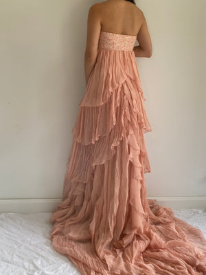 Coral Pink Tiered Silk Gown