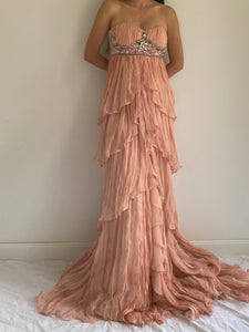 Coral Pink Tiered Silk Gown