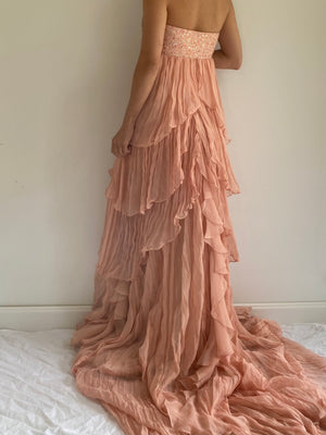 Coral Pink Tiered Silk Gown