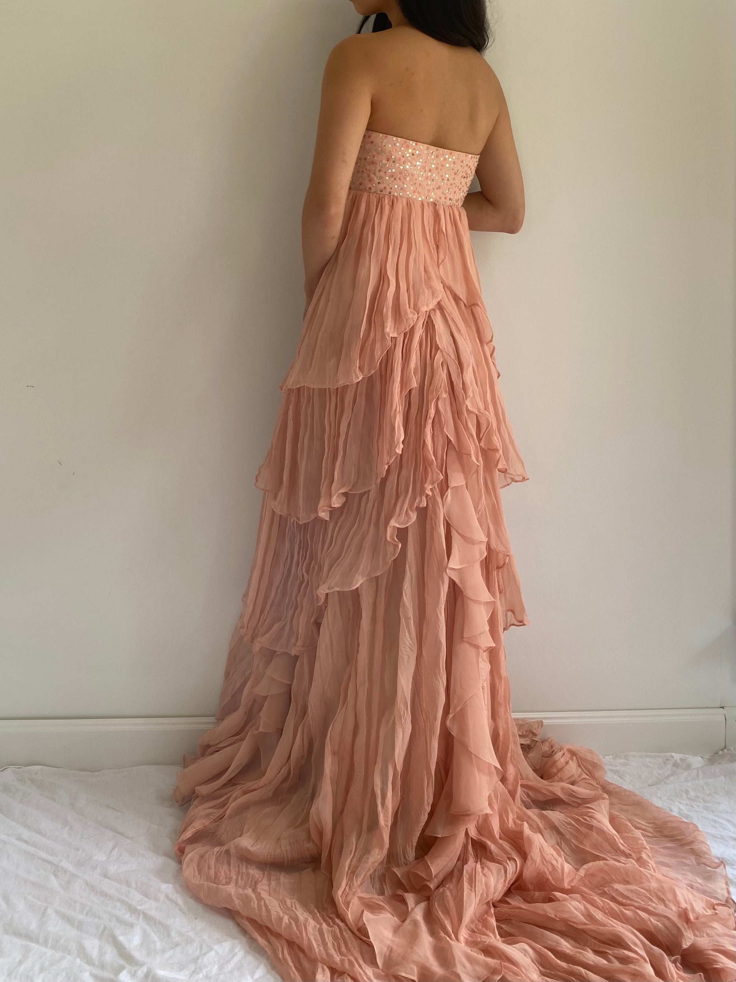 Coral Pink Tiered Silk Gown
