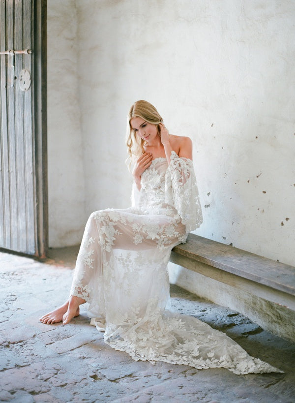 Embellished Off-the-Shoulder Ivory and Nude Gown