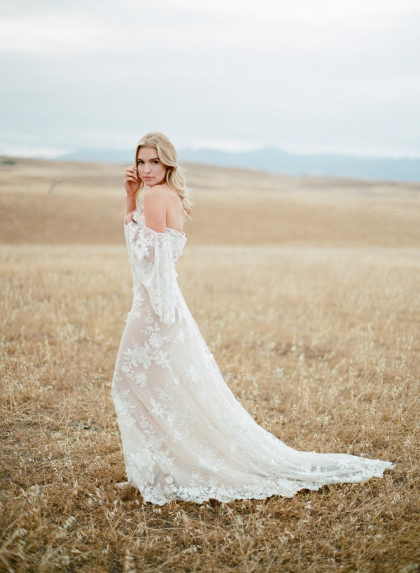 Embellished Off-the-Shoulder Ivory and Nude Gown