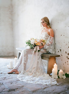 Embellished Off-the-Shoulder Ivory and Nude Gown